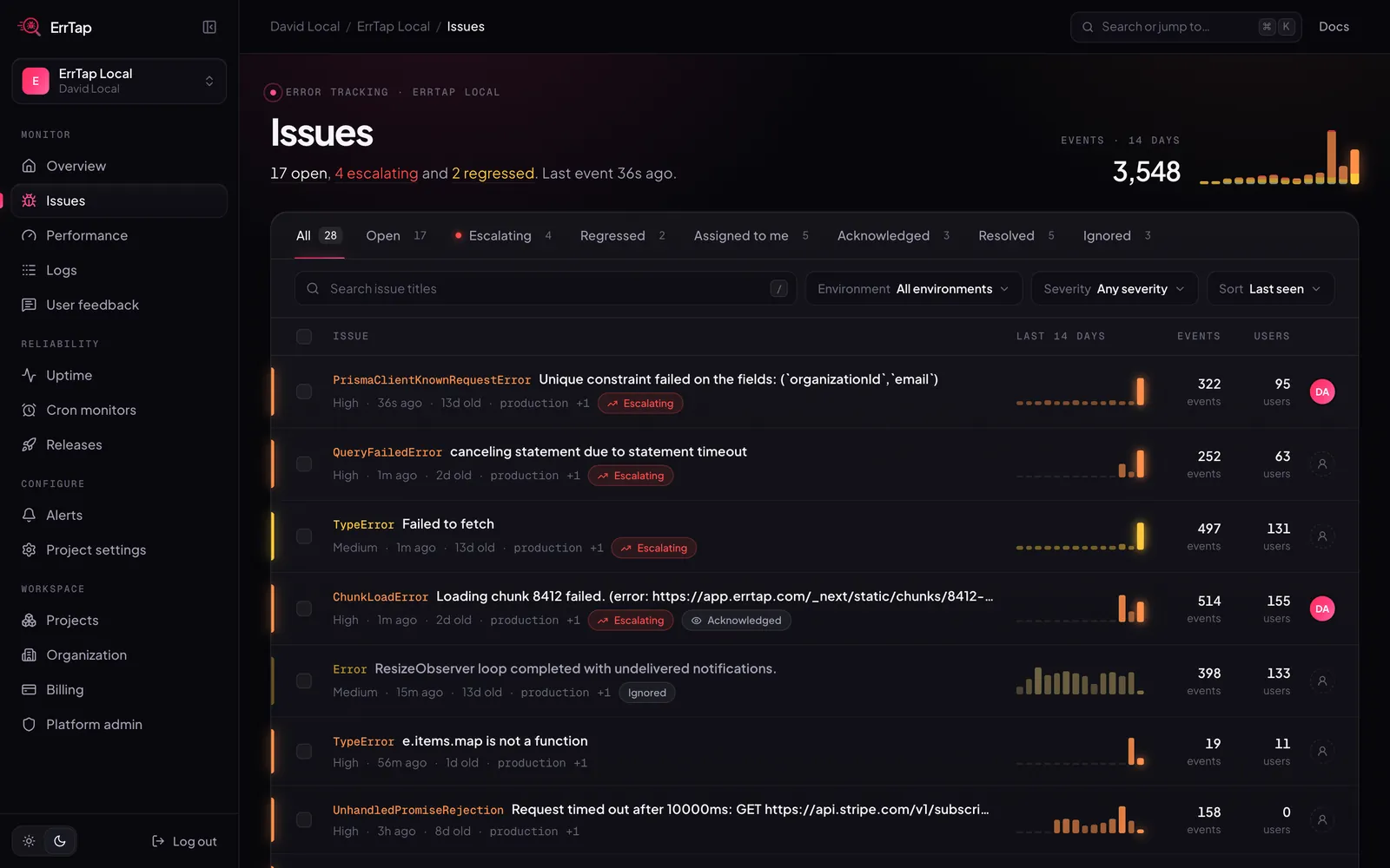 ErrTap Issues screen
